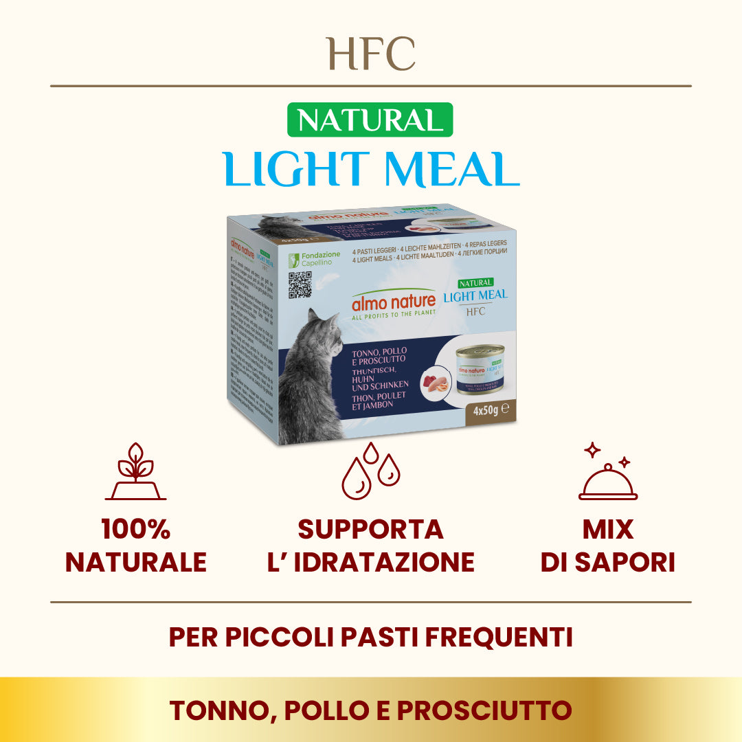 Almo Nature HFC Natural Light Meal Tonno, Pollo e Prosciutto 4x50g Almo Nature HFC Natural Light Meal Tonno, Pollo e Prosciutto 4x50g